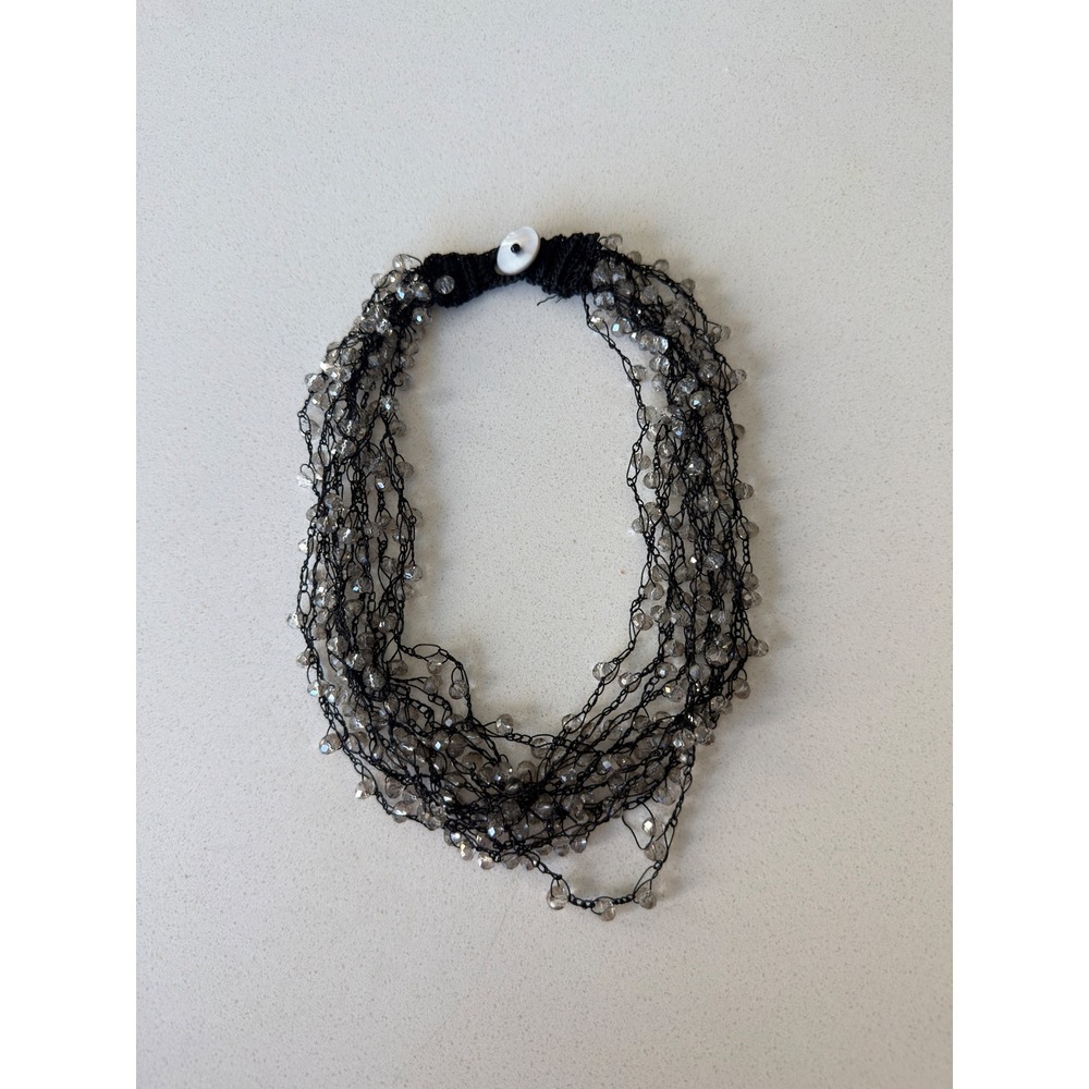 Multi Strand Beaded Necklace Grey Crystal Black Thread Shell Button Statement